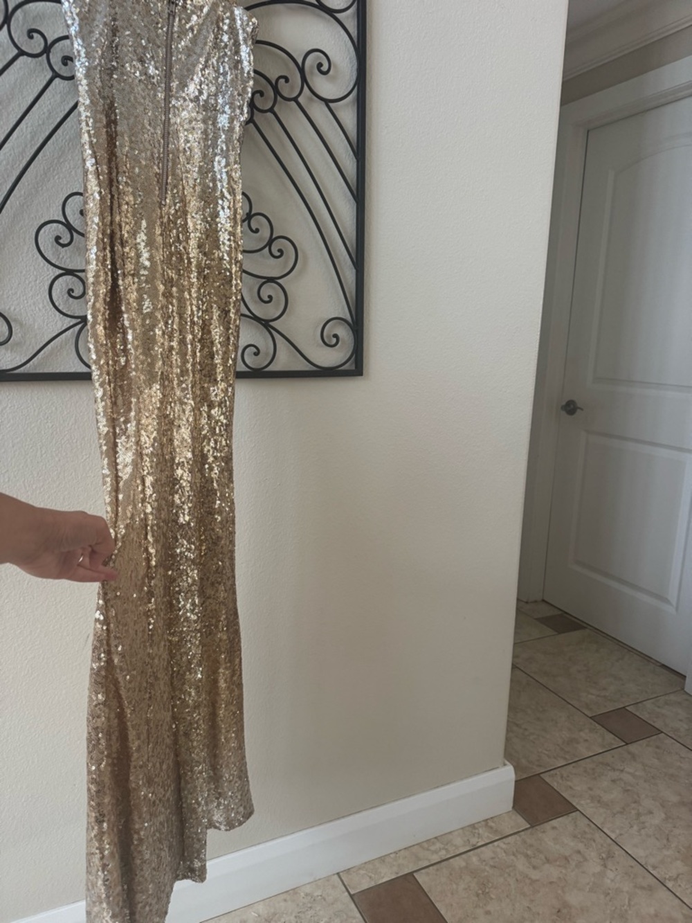 Crystal Doll Champagne Sequin V-Neck Dress - Picture 2 of 9